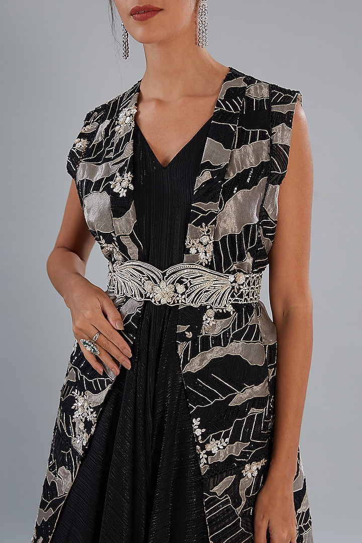 Black Silk Organza Embellished Jacket Party Wear Dress by Varun Nidhika at Pernia's Pop Up Shop