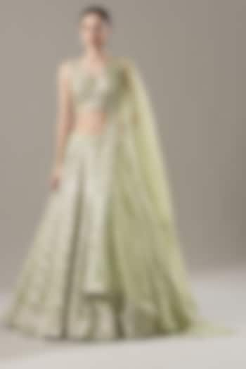 Soft Lime Embroidered Mughal Jharokha Lehenga Set by Varun Nidhika