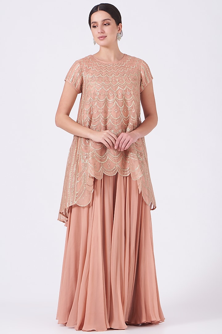 Rose Pink Flared Skirt Set by Varun Nidhika