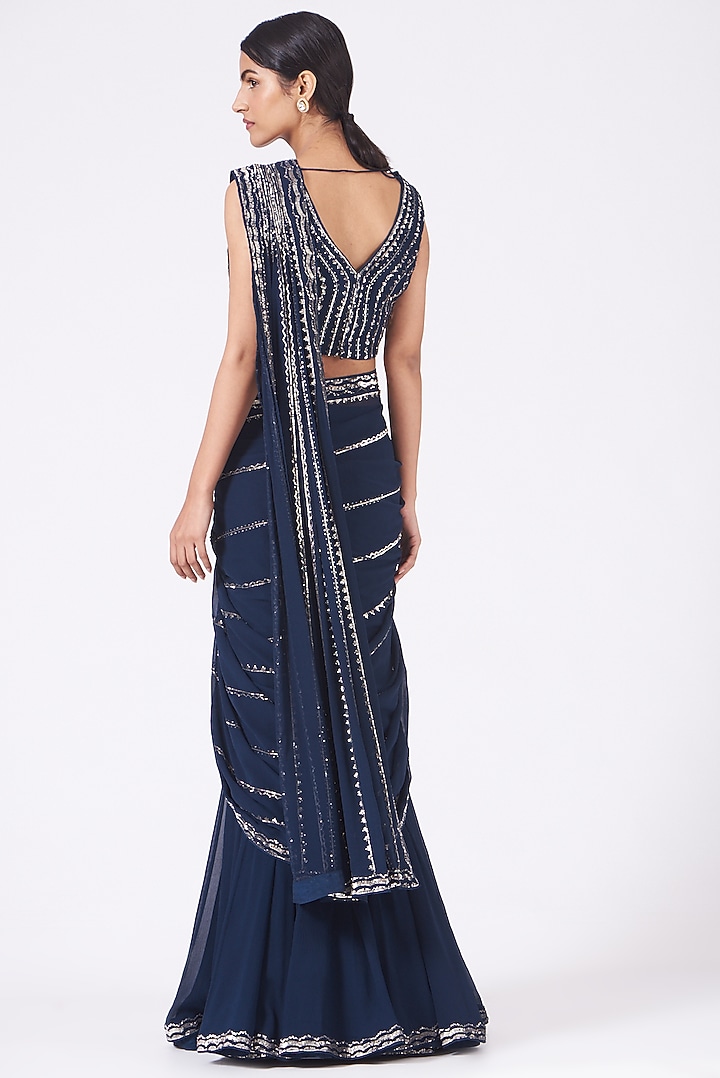 Indigo Chiffon Reception Lehenga Saree Set by Varun Nidhika at Pernia's Pop Up Shop