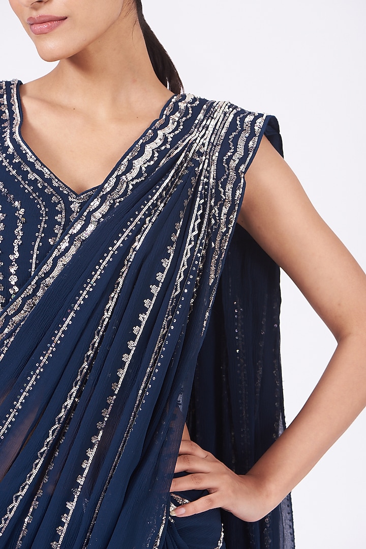 Indigo Chiffon Reception Lehenga Saree Set by Varun Nidhika at Pernia's Pop Up Shop
