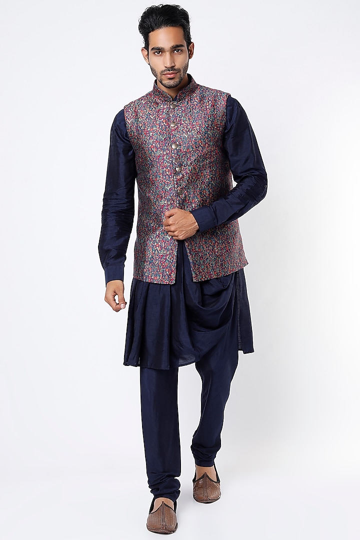 Multi-Colored Semi Pashmina Woven Nehru Jacket Set by Vanshik