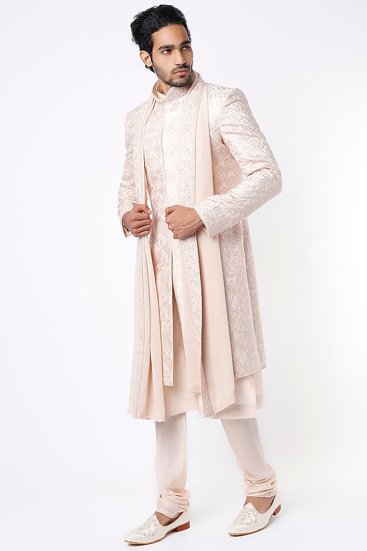 Blush Peach Dupion Silk Hand Embroidered Groom Sherwani Set by Vanshik at Pernia's Pop Up Shop