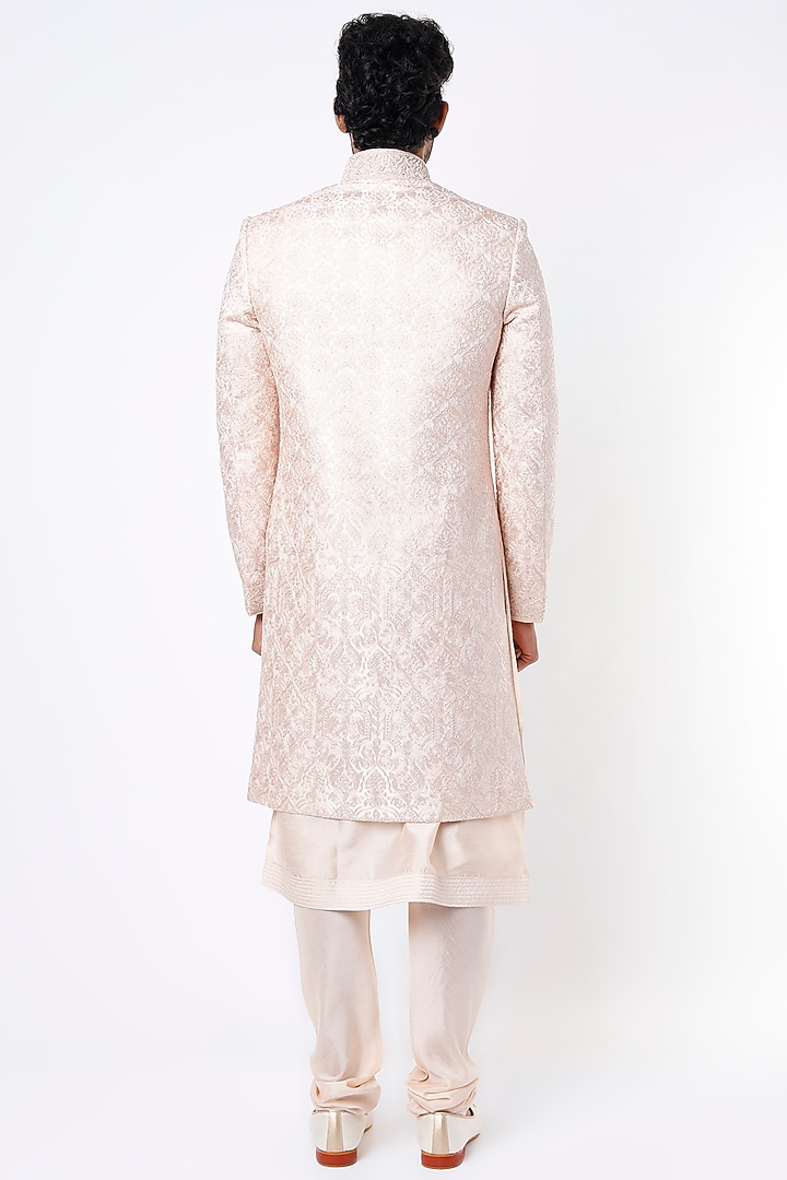 Blush Peach Dupion Silk Hand Embroidered Groom Sherwani Set by Vanshik at Pernia's Pop Up Shop
