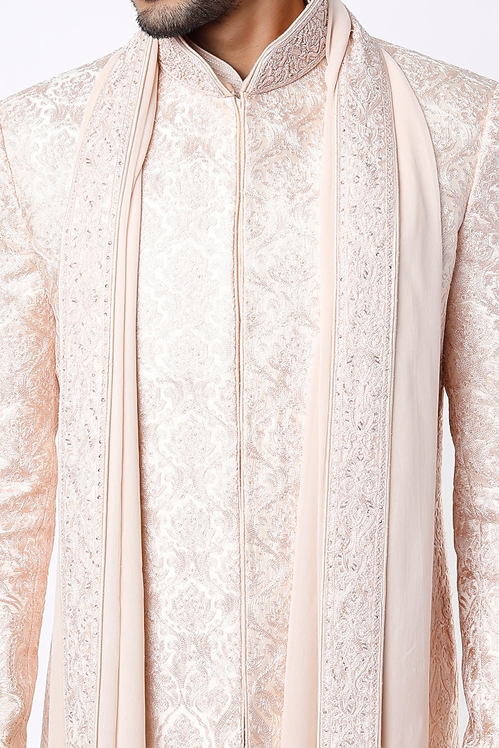 Blush Peach Dupion Silk Hand Embroidered Groom Sherwani Set by Vanshik at Pernia's Pop Up Shop
