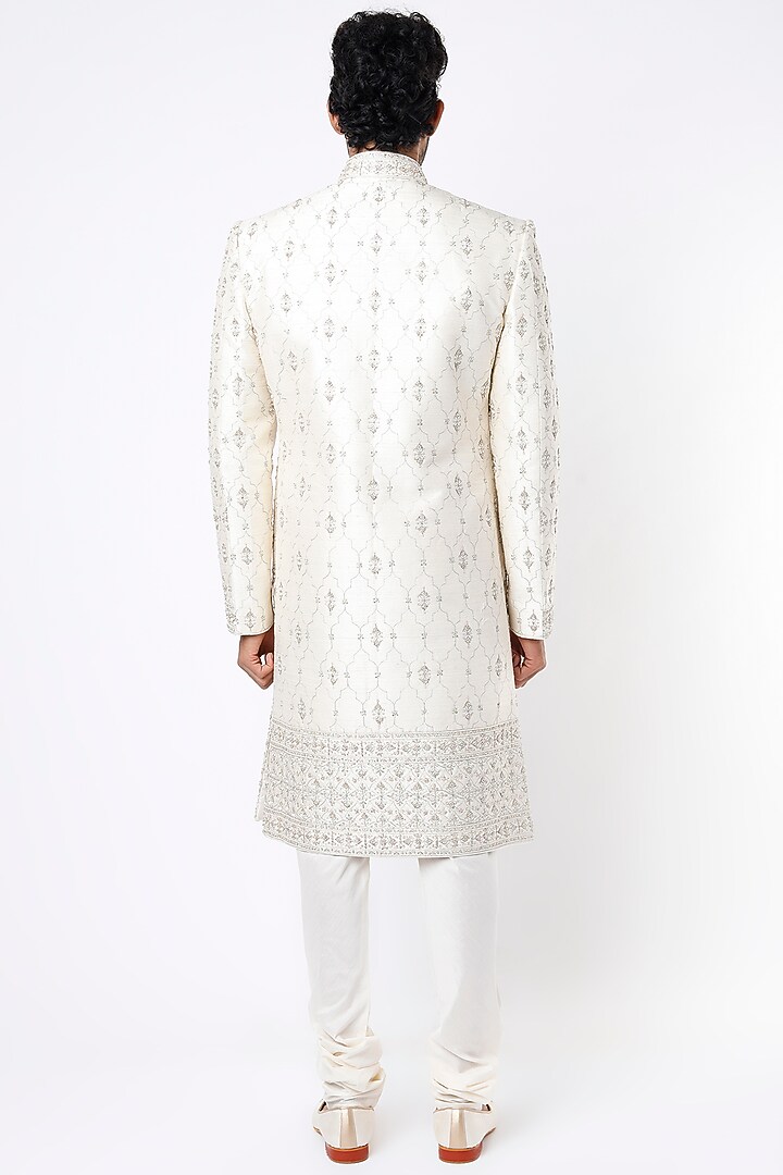 Cream Raw Silk Hand Embroidered Groom Sherwani Set by Vanshik at Pernia's Pop Up Shop