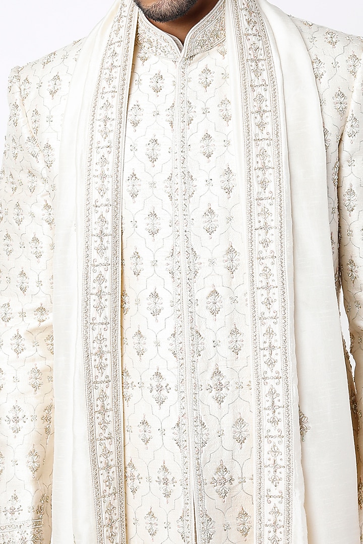 Cream Raw Silk Hand Embroidered Groom Sherwani Set by Vanshik at Pernia's Pop Up Shop