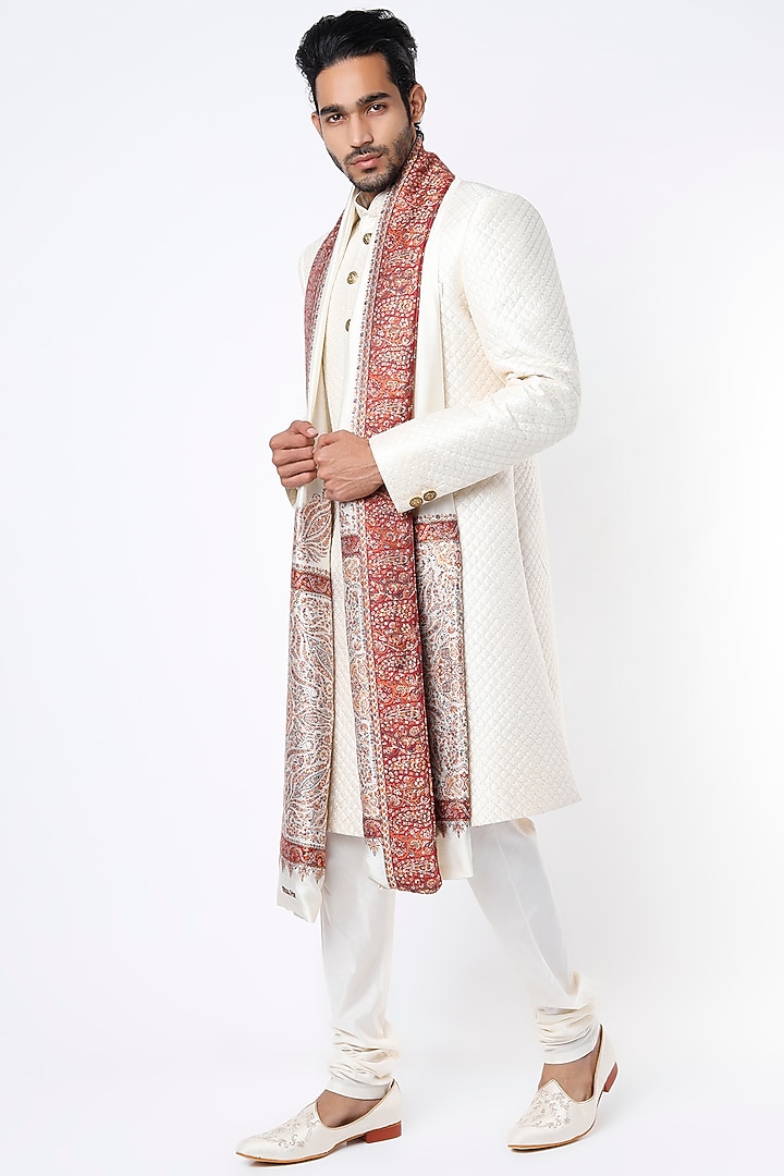 Cream Raw Silk Groom Sherwani Set by Vanshik at Pernia's Pop Up Shop