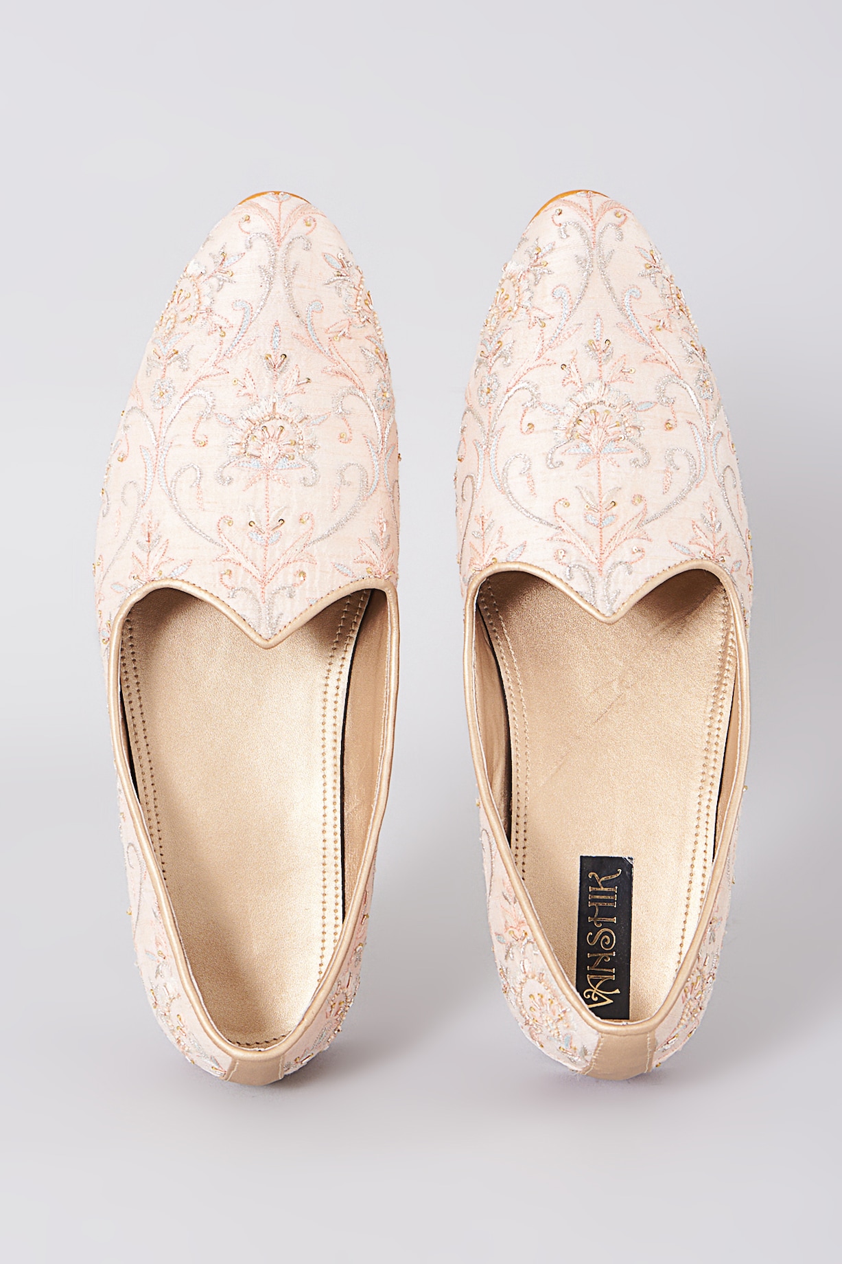 Peach Silk Leather Embroidered Mojari Shoes by Vanshik at