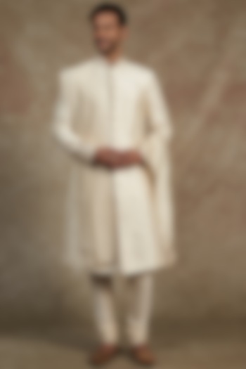 Ivory Raw Silk Sherwani Set by Vanshik