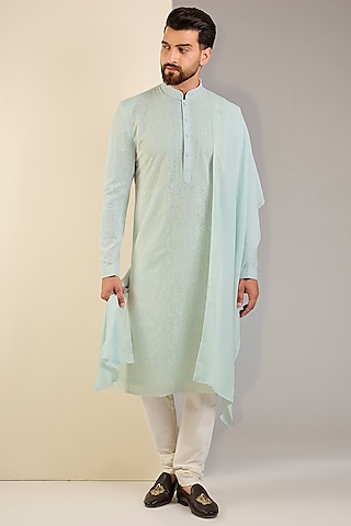 Ice Blue Georgette Embroidered Lucknowi Kurta Set by Vanshik