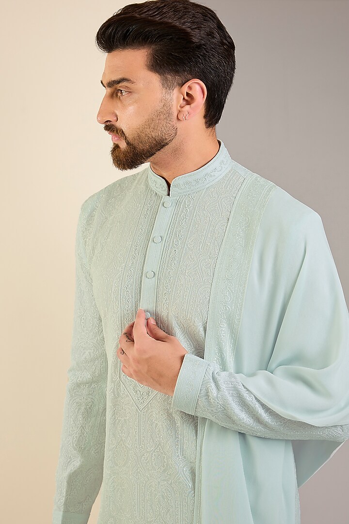 Ice Blue Georgette Embroidered Lucknowi Kurta Set by Vanshik at Pernia's Pop Up Shop