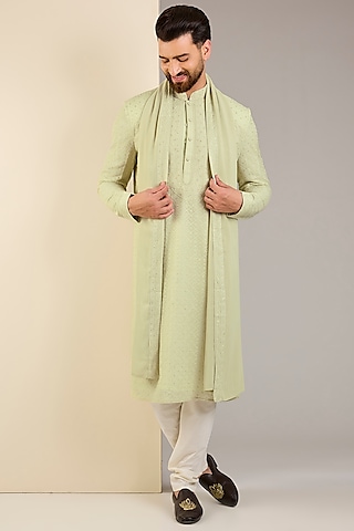 Mint Georgette Embroidered Lucknowi Kurta Set by Vanshik