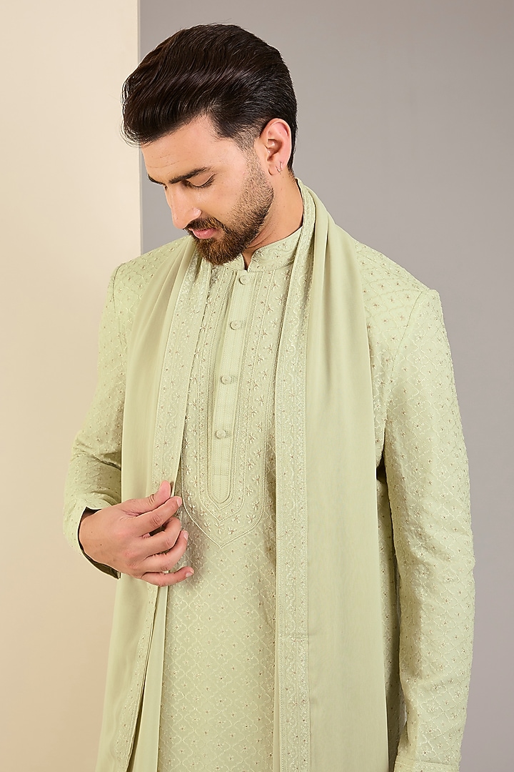 Mint Georgette Embroidered Lucknowi Kurta Set by Vanshik at Pernia's Pop Up Shop