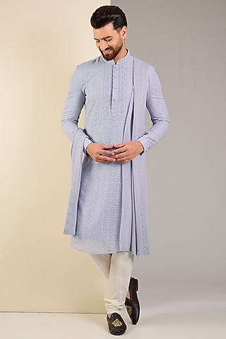 Light Blue Georgette Embroidered Lucknowi Kurta Set by Vanshik