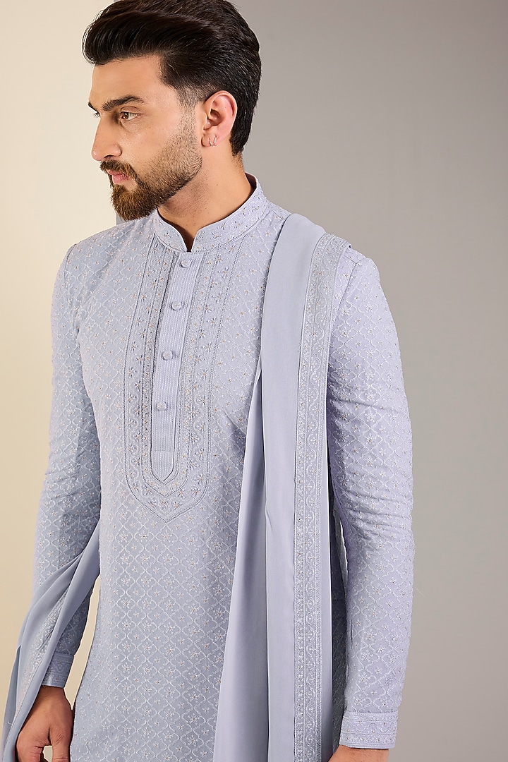 Light Blue Georgette Embroidered Lucknowi Kurta Set by Vanshik at Pernia's Pop Up Shop