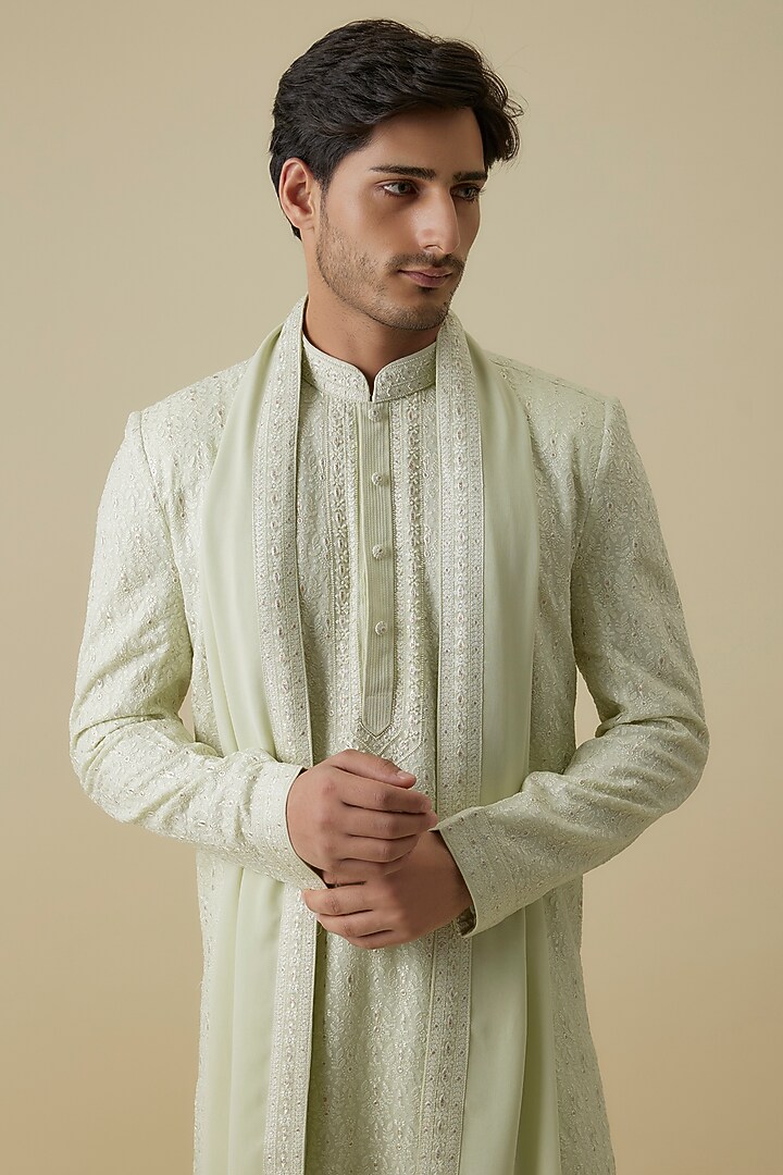 Mint Georgette Embroidered Lucknowi Kurta Set by Vanshik at Pernia's Pop Up Shop