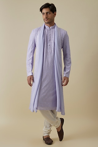 Mauve Georgette Embroidered Lucknowi Kurta Set by Vanshik