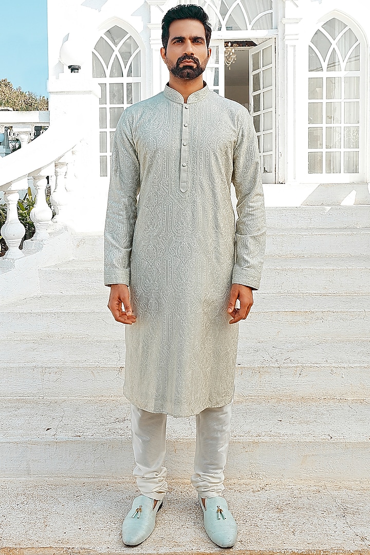 Mint Silk Blend Self Embroidered Kurta set by Vanshik at Pernia's Pop Up Shop