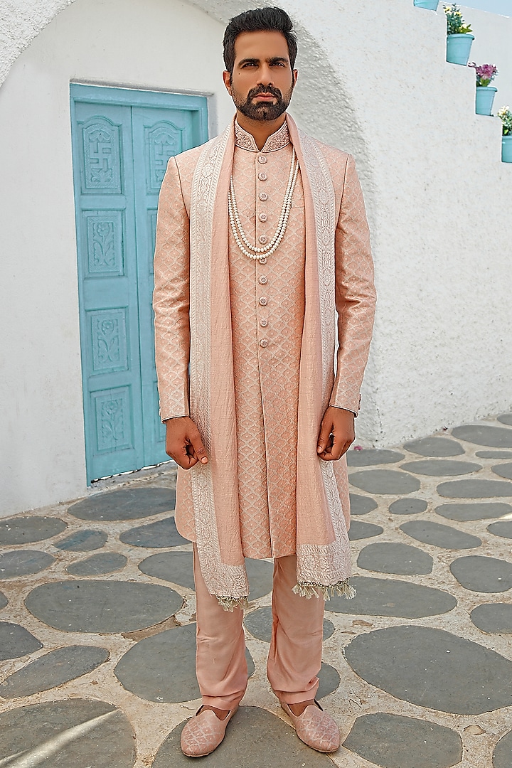 Rose Pink Brocade Sherwani Set by Vanshik