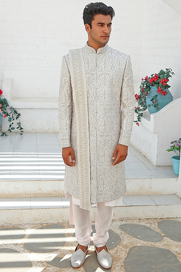 Grey Resham Embroidered Groom Sherwani Set With Dupatta by Vanshik at Pernia's Pop Up Shop