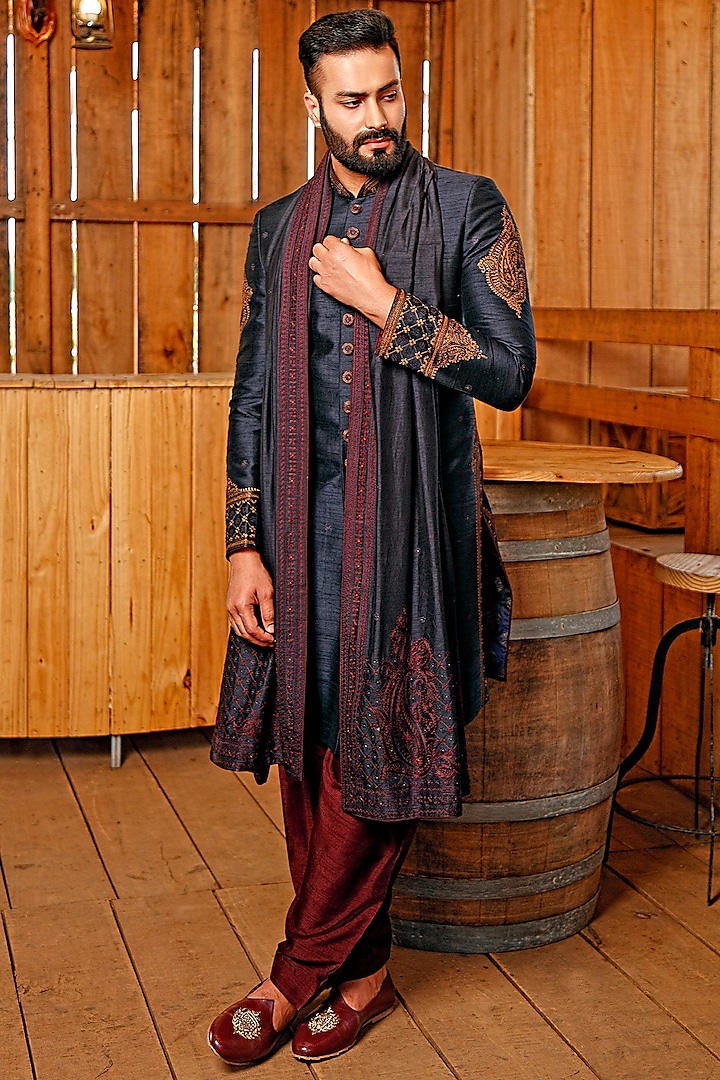 Navy Blue Aari Embroidered Sherwani Set With Dupatta by Vanshik