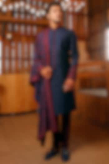 Navy Blue Kashmiri Embroidered Groom Sherwani Set by Vanshik at Pernia's Pop Up Shop