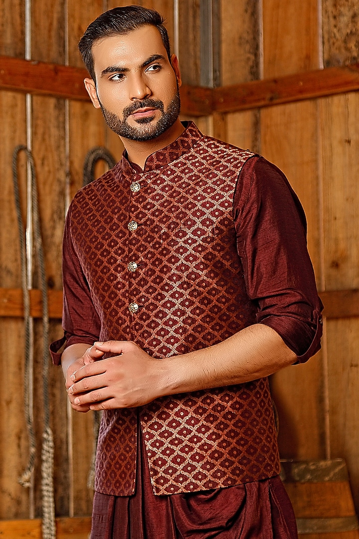 Wine Silk & Brocade Bundi Jacket Set by Vanshik at Pernia's Pop Up Shop