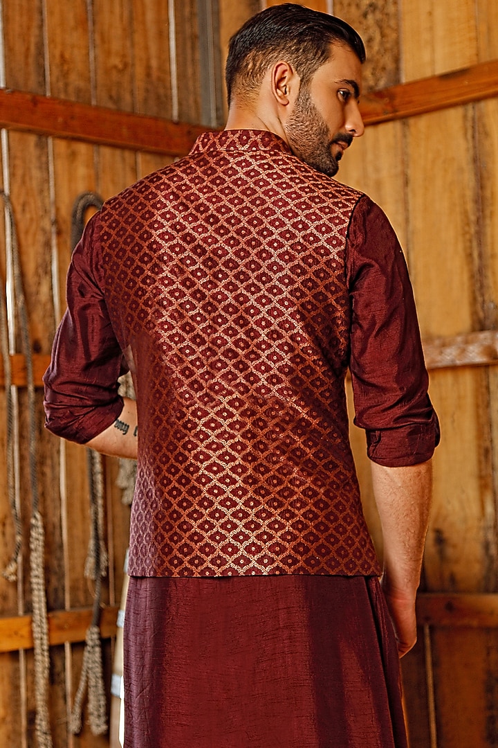 Wine Silk & Brocade Bundi Jacket Set by Vanshik at Pernia's Pop Up Shop