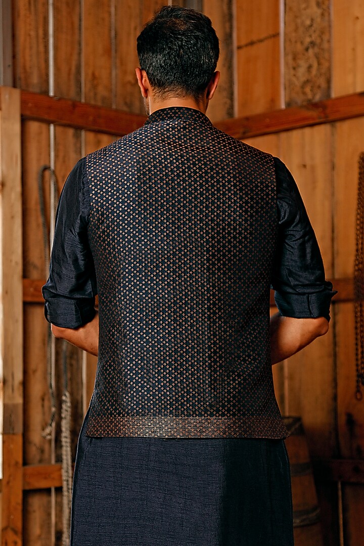 Navy Blue Silk Blend Tanjore Brocade Bundi Jacket Set by Vanshik at Pernia's Pop Up Shop