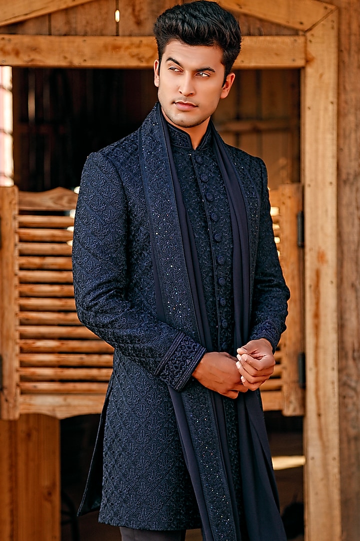 Navy Blue Self Embroidered Wedding Sherwani Set by Vanshik at