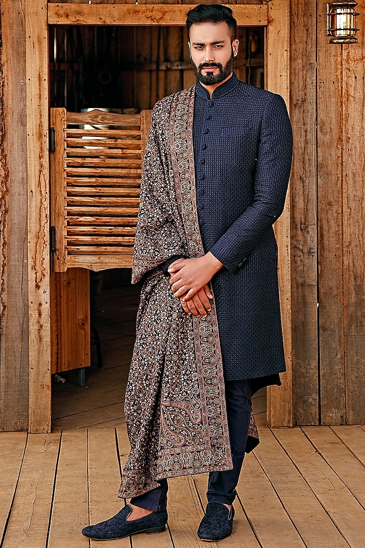 Navy Blue Silk Embroidered Wedding Sherwani Set by Vanshik at Pernia's Pop Up Shop