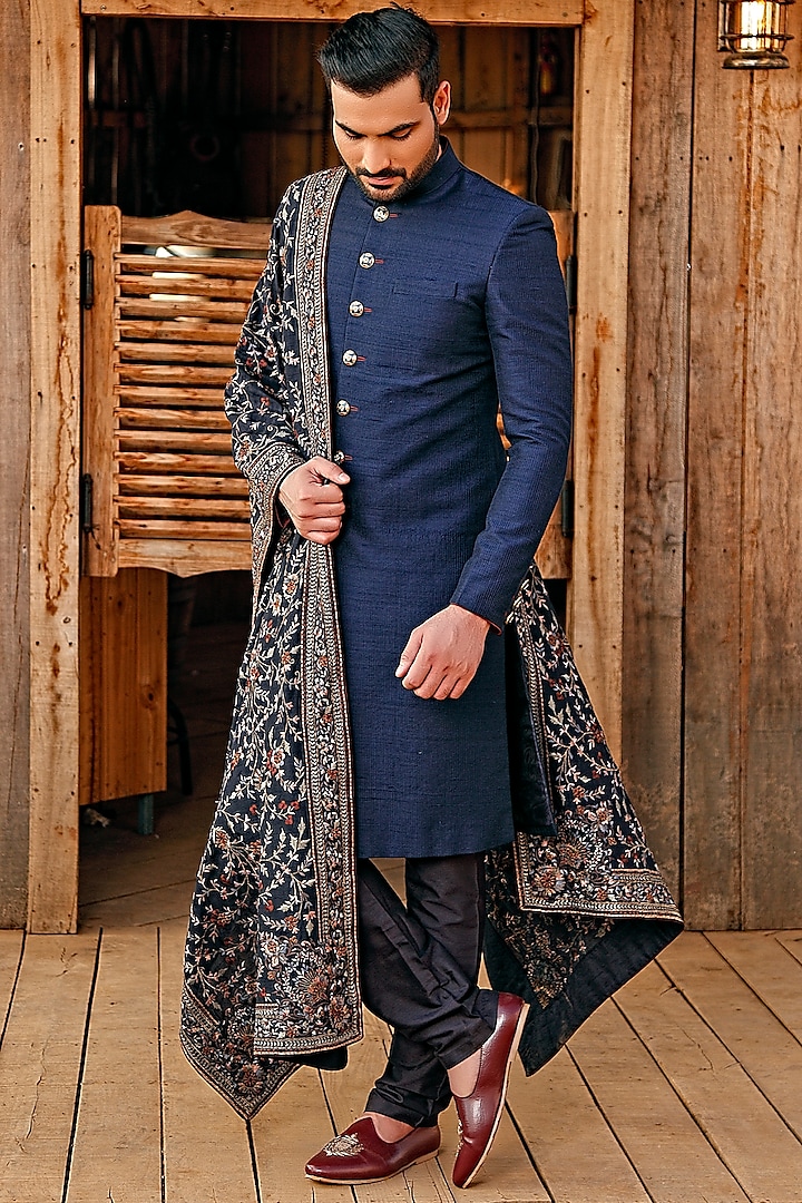Navy Blue Textured Embroidered Wedding Sherwani Set by Vanshik at Pernia's Pop Up Shop