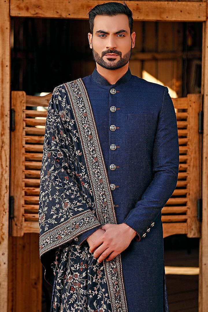 Navy Blue Textured Embroidered Wedding Sherwani Set by Vanshik at