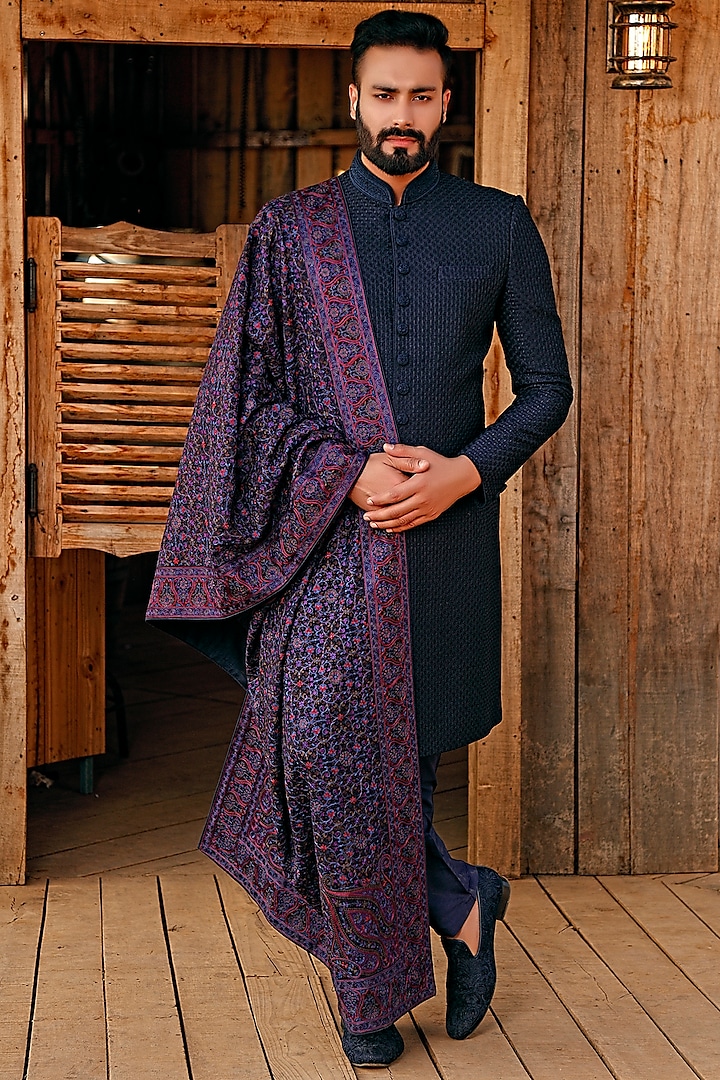 Navy Blue Embroidered Wedding Sherwani Set by Vanshik at Pernia's Pop Up Shop