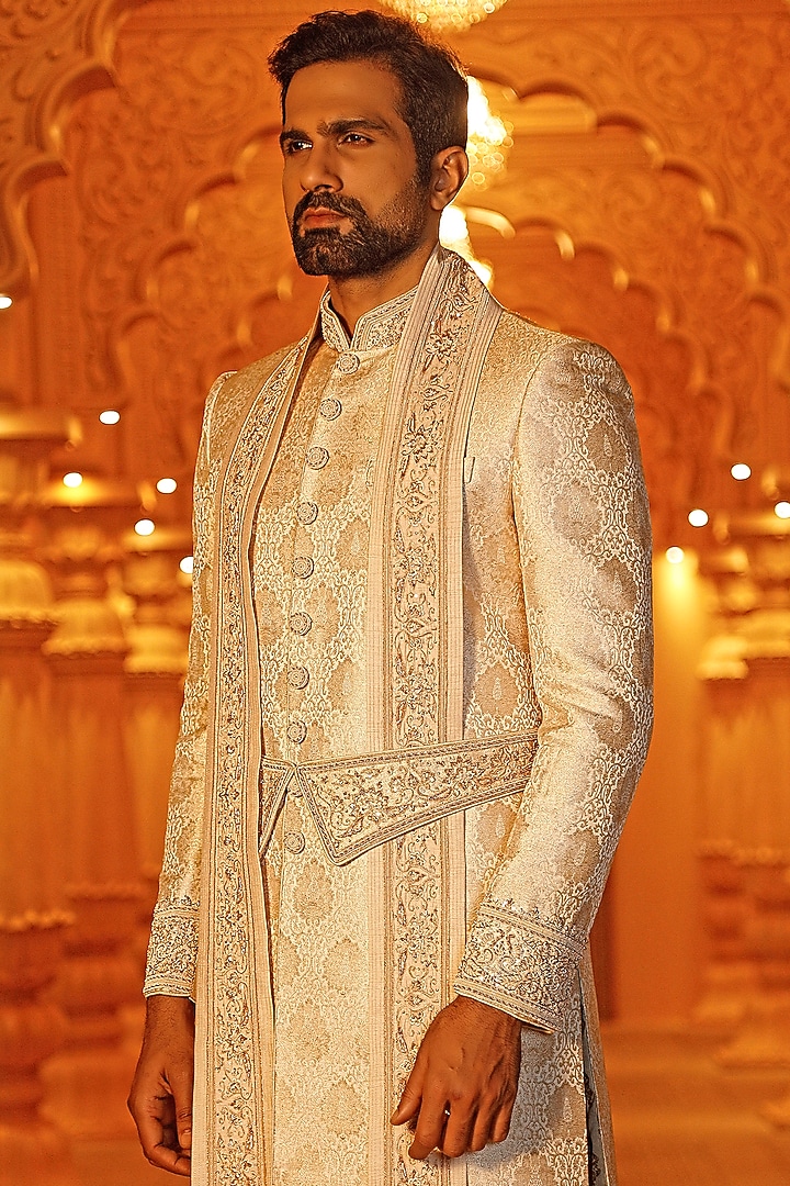 Beige Brocade Silk Zari Embroidered Groom Sherwani Set by Vanshik at Pernia's Pop Up Shop