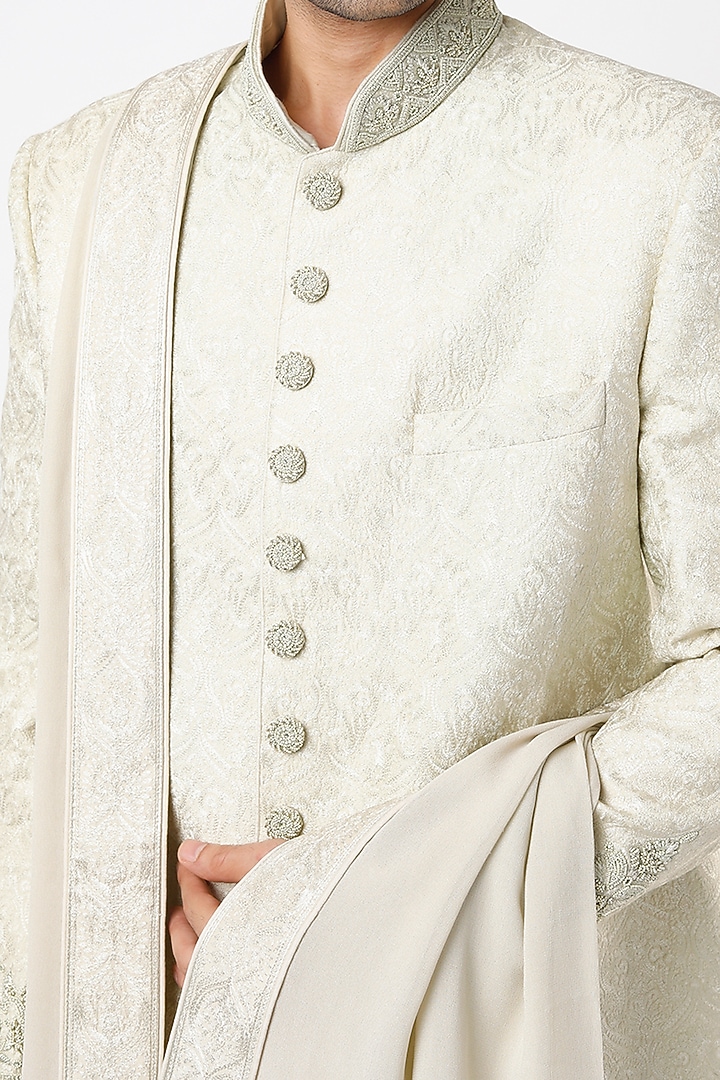 Mint Chanderi Hand Embroidered Groom Sherwani Set by Vanshik at Pernia's Pop Up Shop