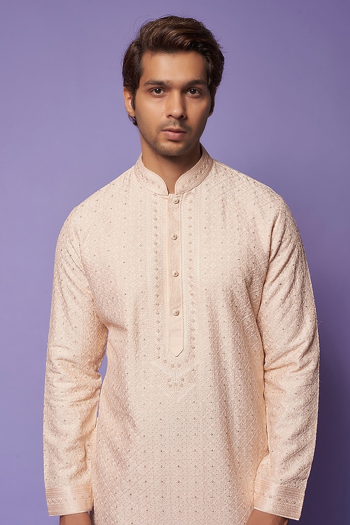Peach Chanderi Sequin Embroidered Kurta by Vanshik at Pernia's Pop Up Shop