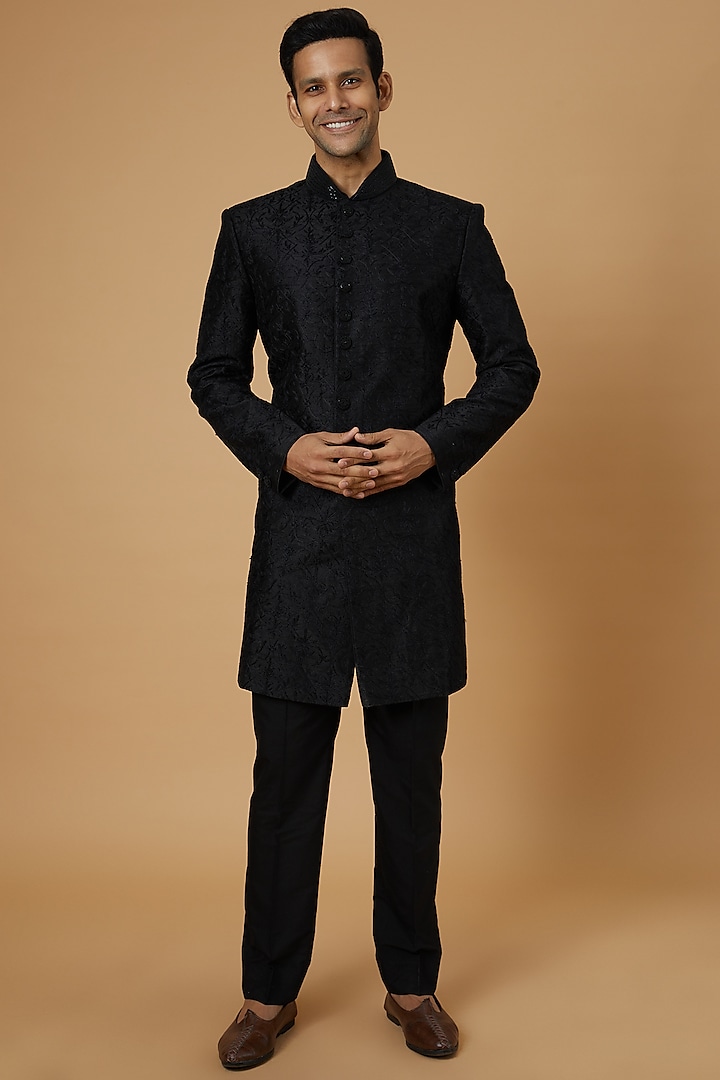 Black Dupion Silk Embroidered Sherwani Set by Vanshik