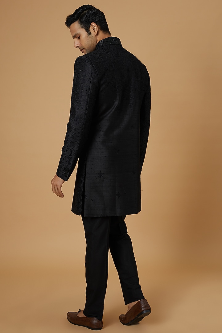 Black Dupion Silk Embroidered Wedding Sherwani Set by Vanshik at Pernia's Pop Up Shop