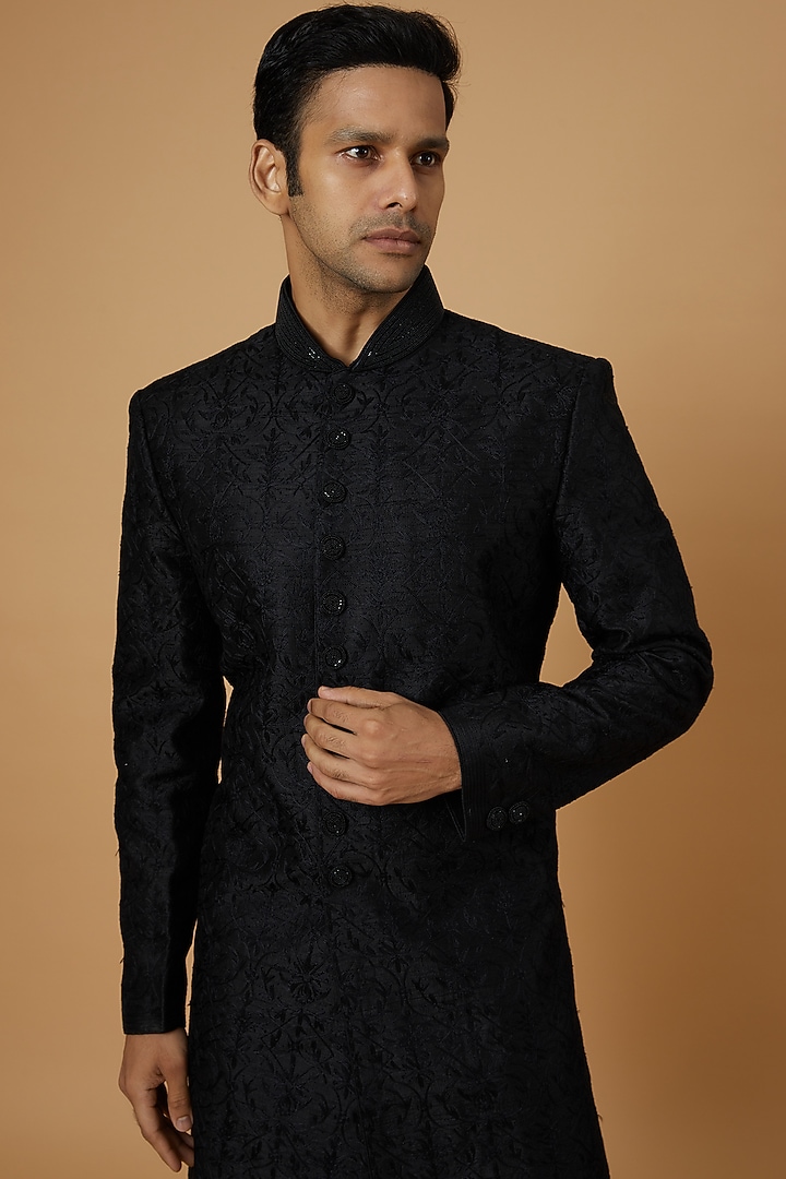 Black Dupion Silk Embroidered Wedding Sherwani Set by Vanshik at Pernia's Pop Up Shop