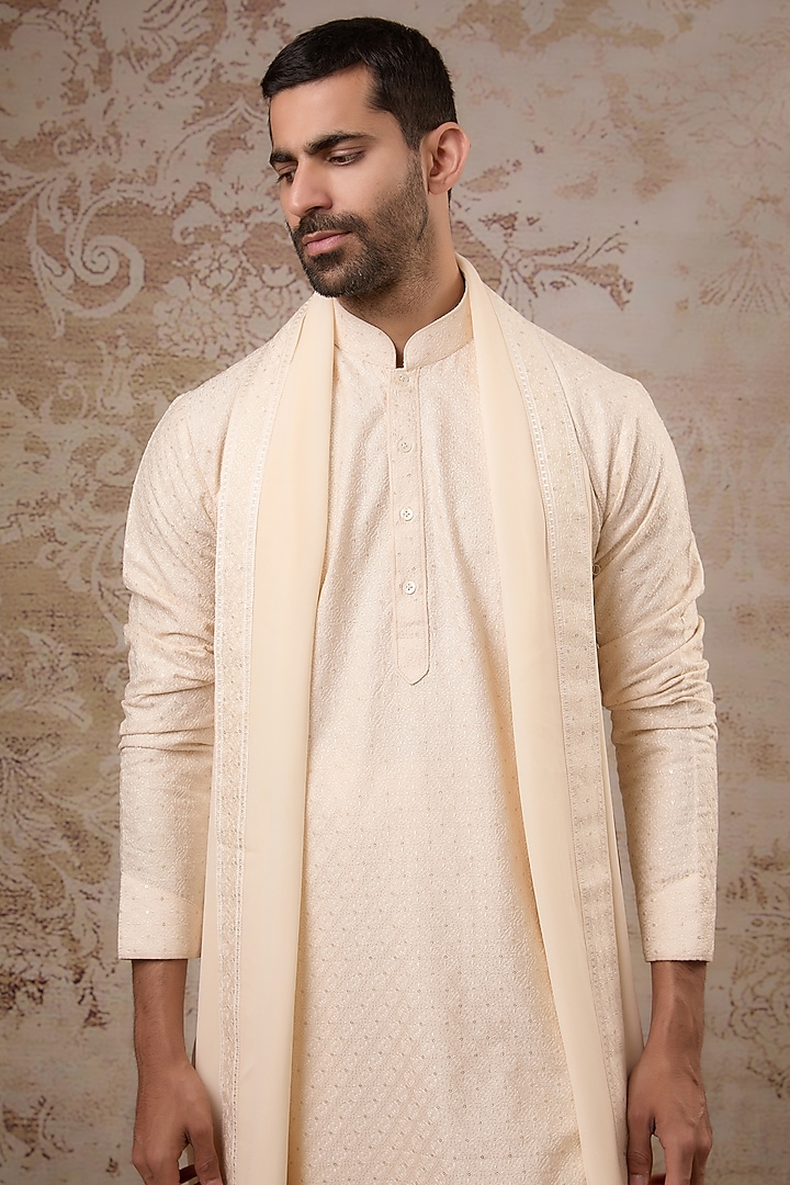 Beige Blended Silk Kurta Set by Vanshik at Pernia's Pop Up Shop