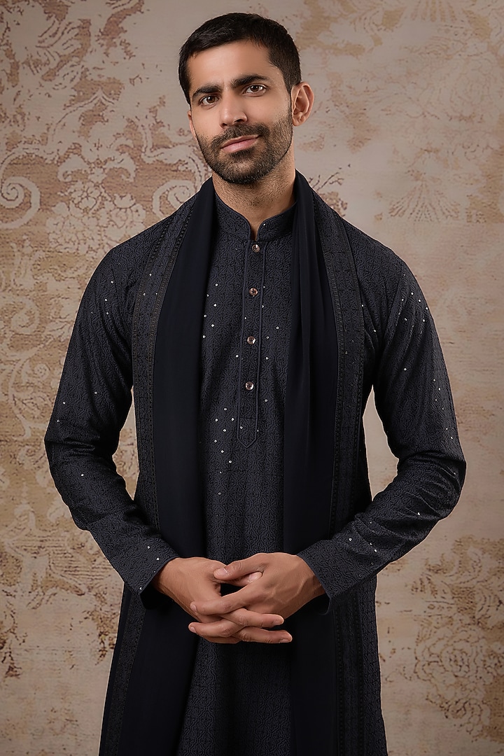 Blue Blended Silk Kurta Set by Vanshik at Pernia's Pop Up Shop