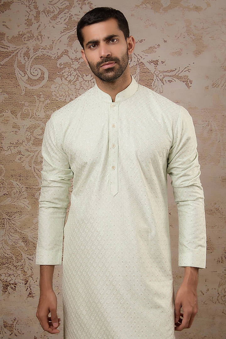 Mint Blended Silk Kurta Set by Vanshik at Pernia's Pop Up Shop