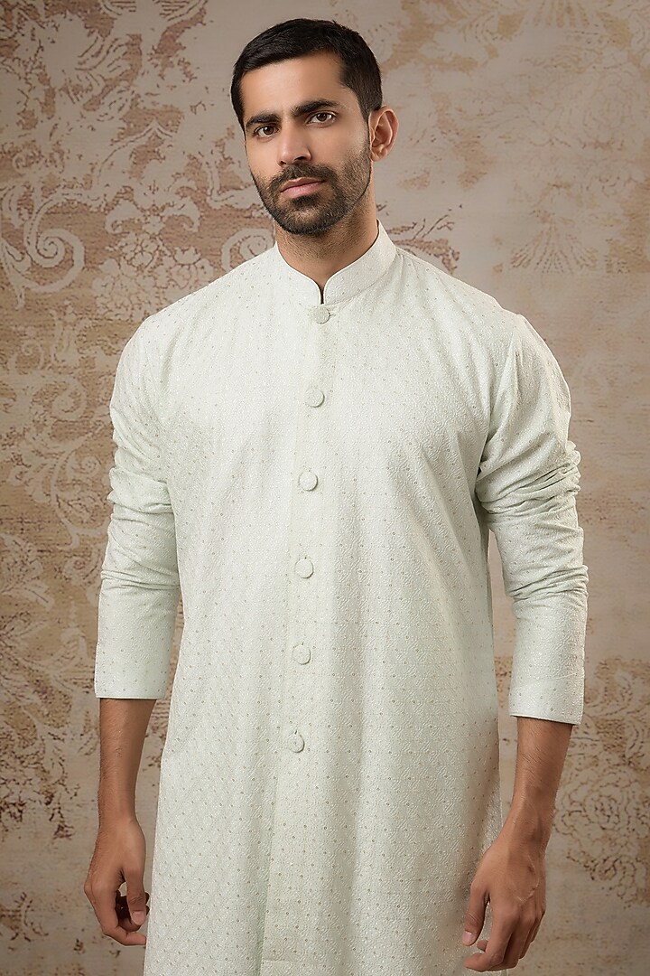 Blue Blended Silk Kurta Set by Vanshik at Pernia's Pop Up Shop