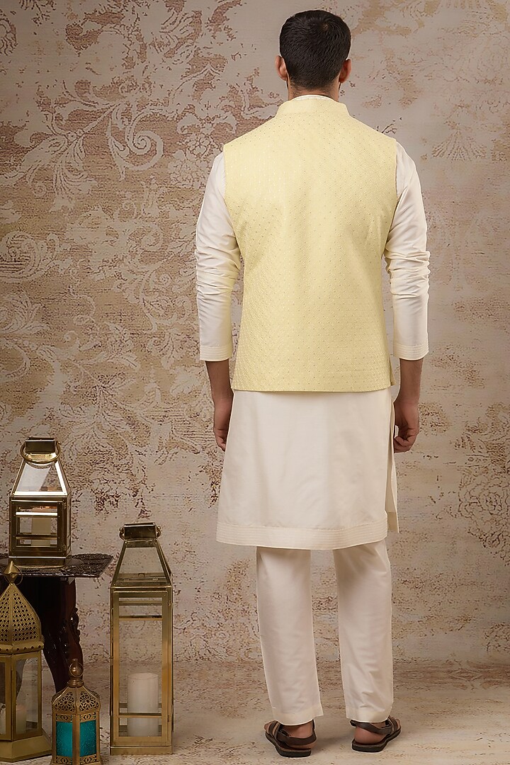 Yellow Blended Silk Open Jacket Set by Vanshik at Pernia's Pop Up Shop