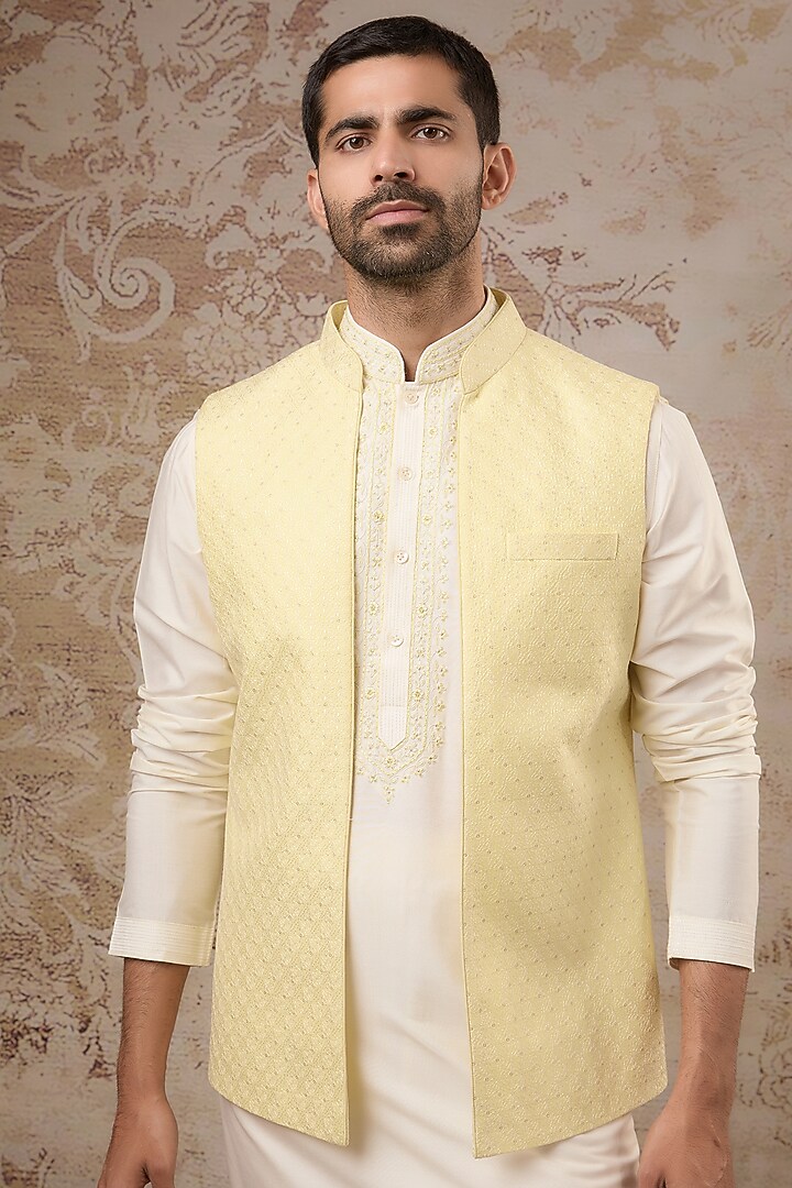 Yellow Blended Silk Open Jacket Set by Vanshik at Pernia's Pop Up Shop