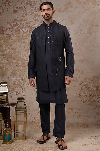 Blue Blended Silk Open Jacket Set by Vanshik