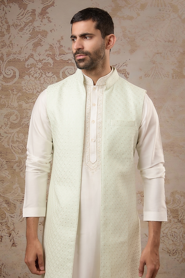 Mint Blended Silk Open Jacket Set by Vanshik at Pernia's Pop Up Shop