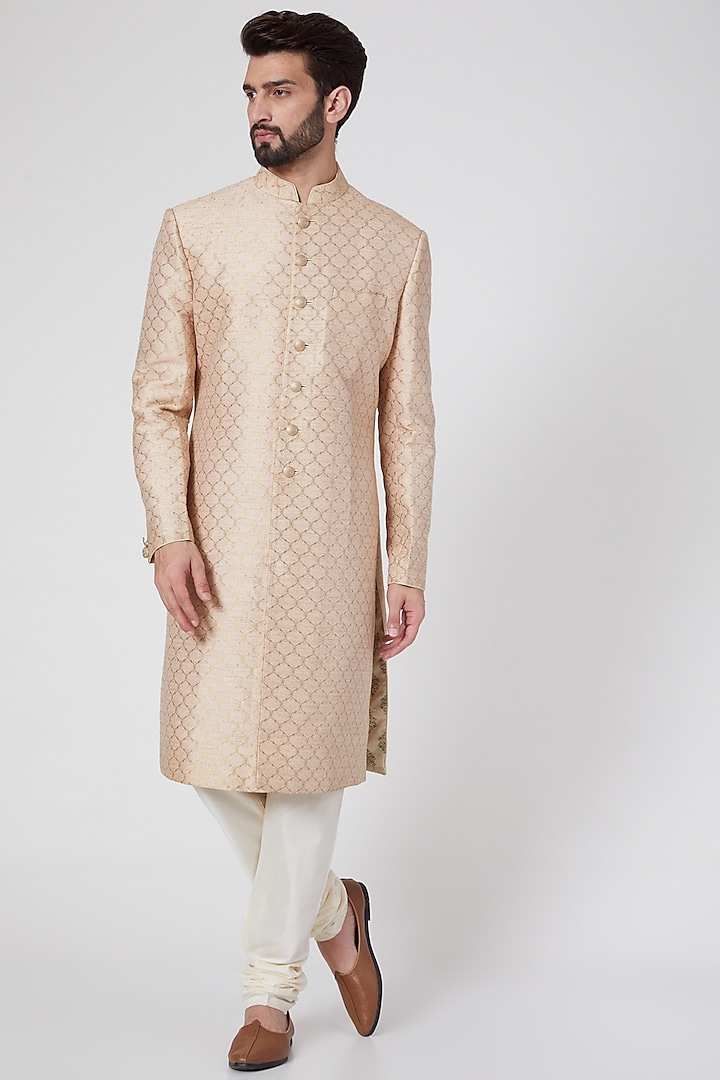 Peach Brocade Sherwani Set by Vanshik